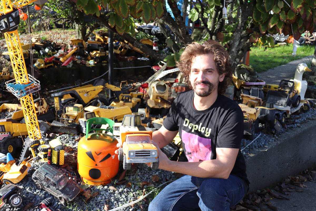 Erik Berbenuik shares his collection of Tonka trucks in 2023, which adorned his Langford yard. (Photo by Tim Collins)