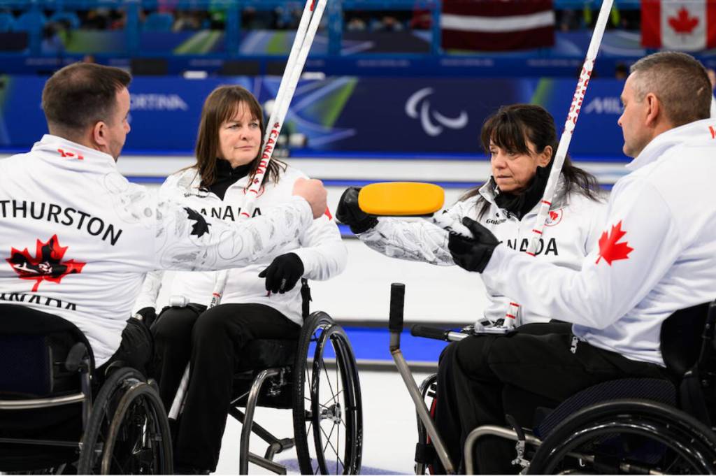 Team Canada and Spallumcheen&rsquo;s Ina Forrest (second from left) are 6-0 and alone atop the standings in wheelchair curling at the Paralympics in Italy after two big wins Tuesday, March 10. (Canadian Paralympic Committee photo)